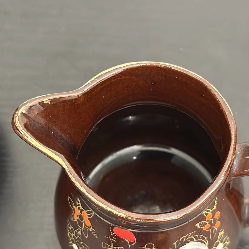 Rooster Redware Moriage Pottery Milk Pitcher & Creamer Set Japan
